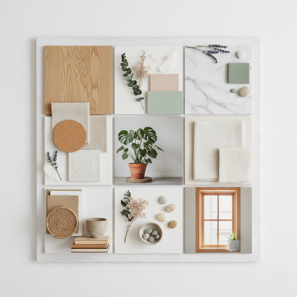 Composición de materiales naturales y colores neutros con madera, mármol, textiles y plantas para inspiración de reformas de interiores sostenibles.