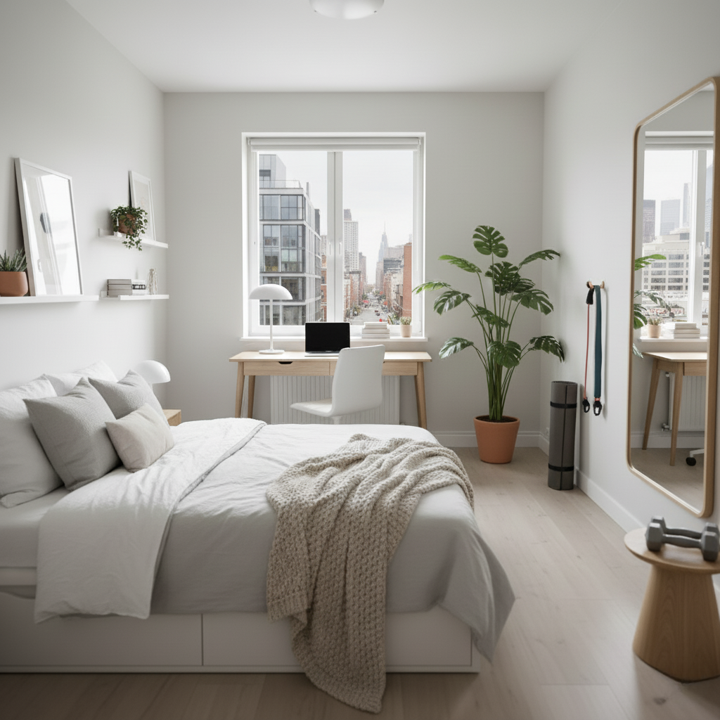 Dormitorio moderno y luminoso con escritorio junto a la ventana, mobiliario de madera clara y planta decorativa, ideal para reformas de pisos pequeños.